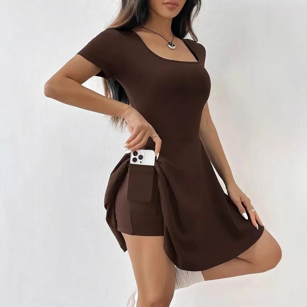 Women‘s Romper Dress with Built-in Shorts - Anti-Slip Belted Waist Short Sleeve Summer Dresses