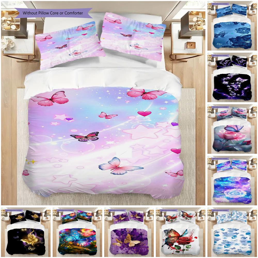 1PC Mariposas, flores Juego de Ropa de Cama Colcha Funda de Colcha Funda de Almohada Decoración del Hogar Regalo de Cumpleaños (1 * funda de edredón + 15 * funda de almohada, sin relleno)