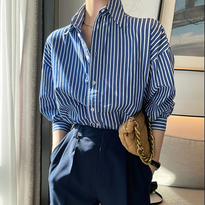 Women Blouses Shirts 2025 Spring Long Sleeve Women Blouse Shirt Turn Down Collar Office Lady Striped Blouse Shirt Women Tops J841