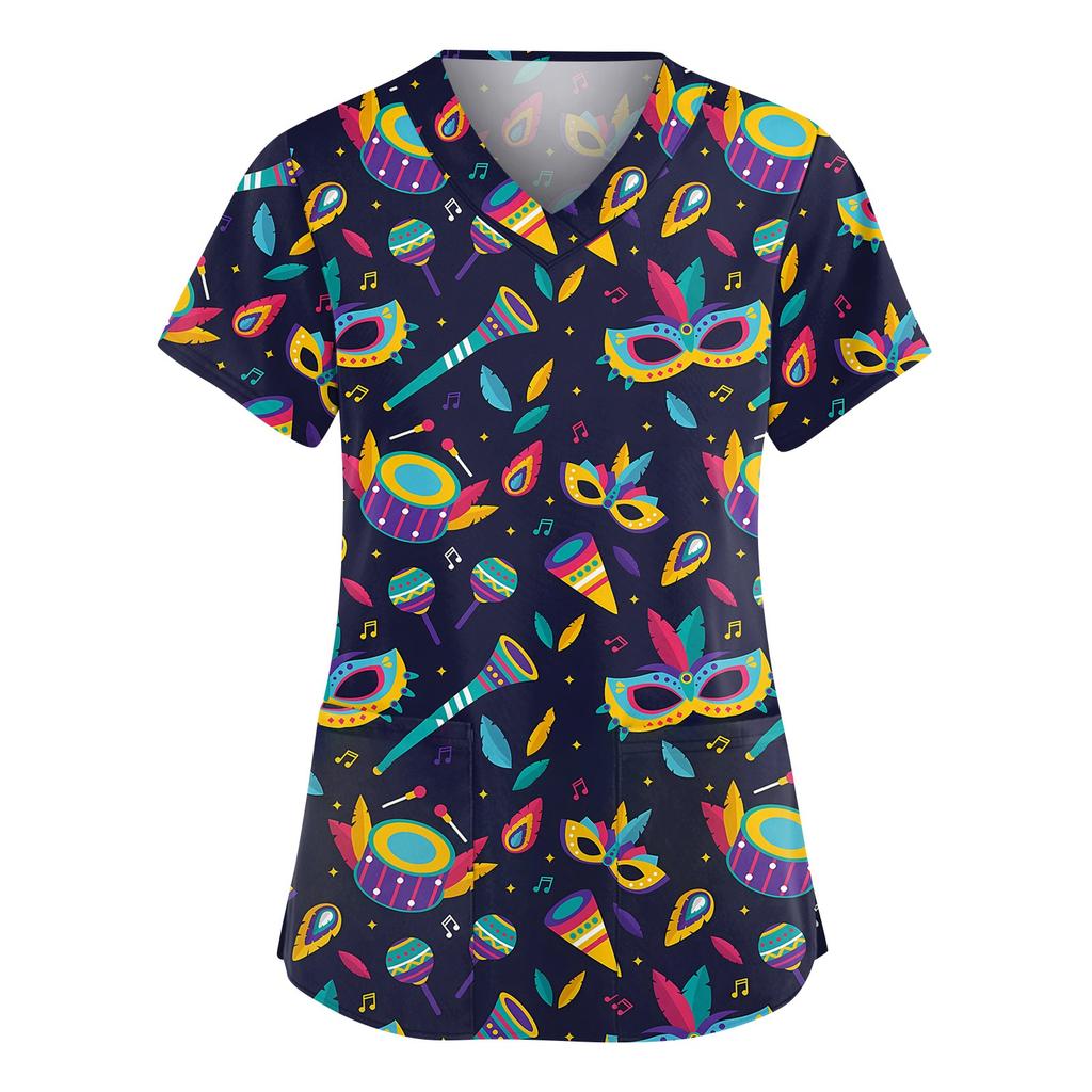 Women's Fashionable V-neck Workwear Printed Short Sleeved Pocket Side Slit Workwear Basic Pullover Top