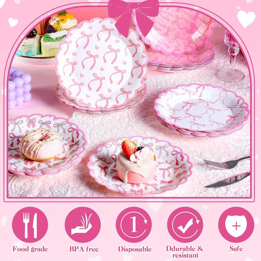 100 Pcs Pink Bow Paper Plates 7'' Disposable Paper Plates Pink Coquette Bow Dessert Set for Girl Bachelorette Bridal Engagement Baby Shower Birthday