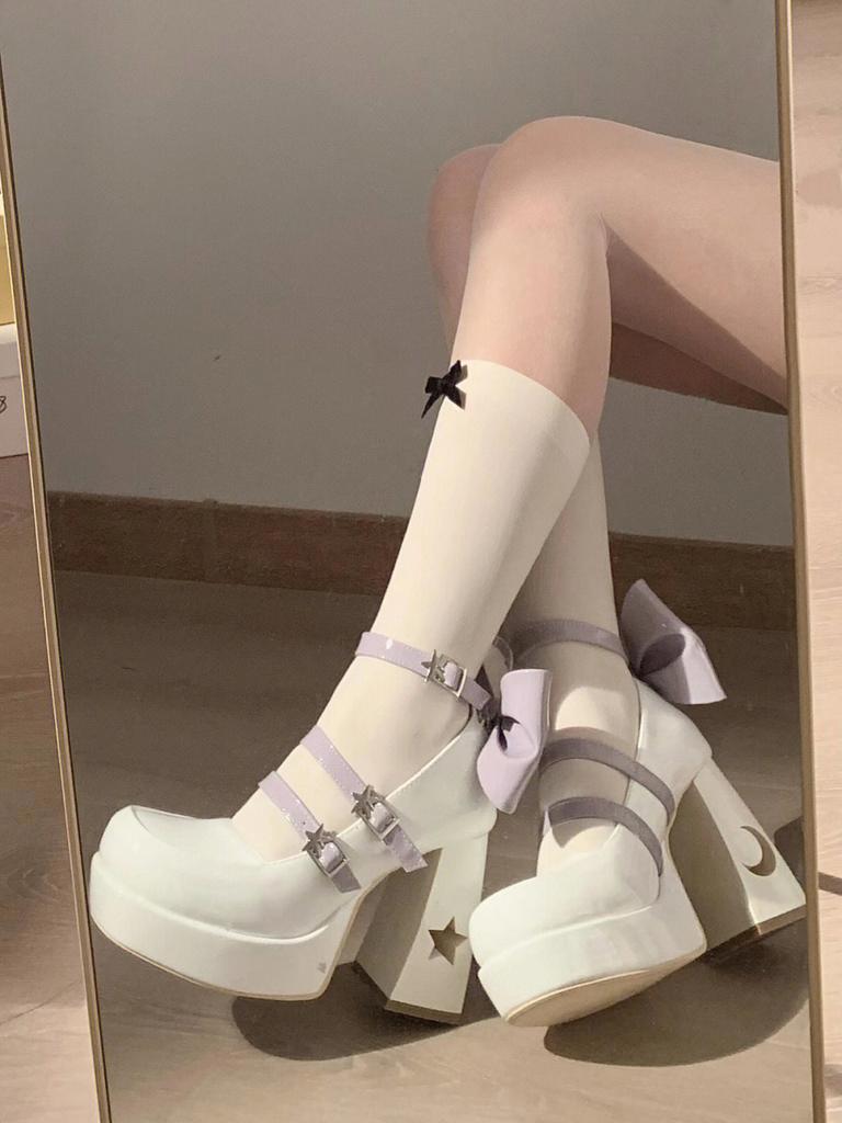 Fashion Heels Women Pumps Platform High Heels Ankle Strappy Butterfly-knot Casual Office Shoes Block Mary Jane Shoes White Zaptos Mujer