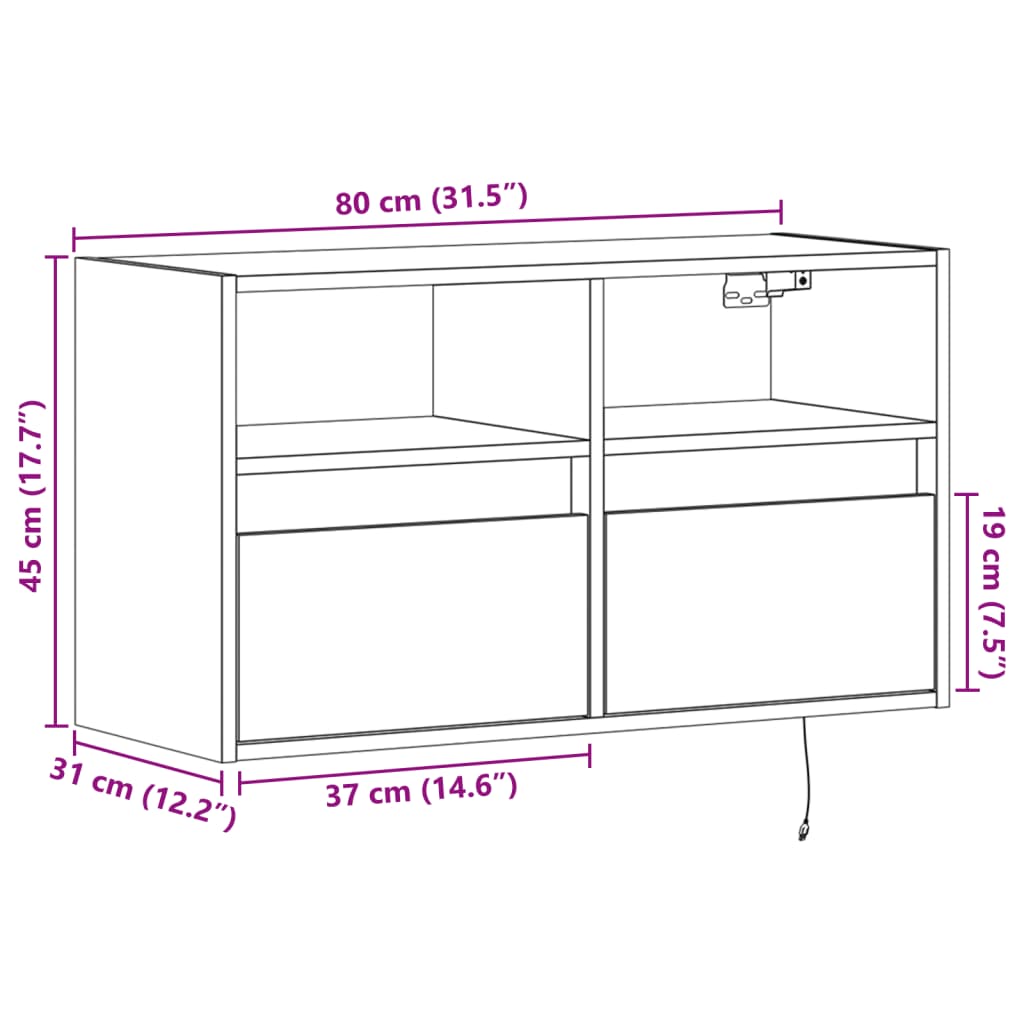 Wall Mounted TV Cabinet with LED Lighting Brown Oak Effect 80 x 31 x 45 cm