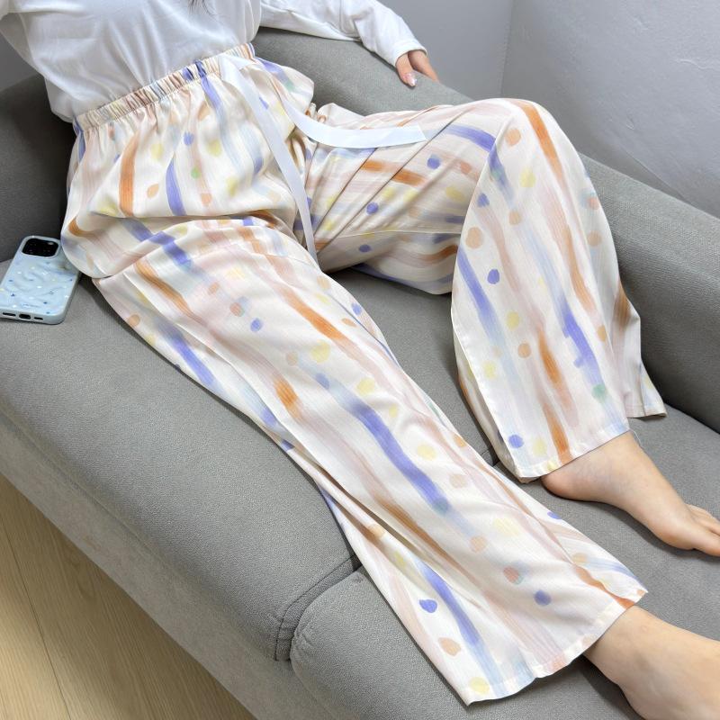 Damen-Blumen-Baumwoll-Seiden-Pyjama - Große Größen, Sommer, Leicht, Für draußen, Gerades Bein, Lockerer Schnitt