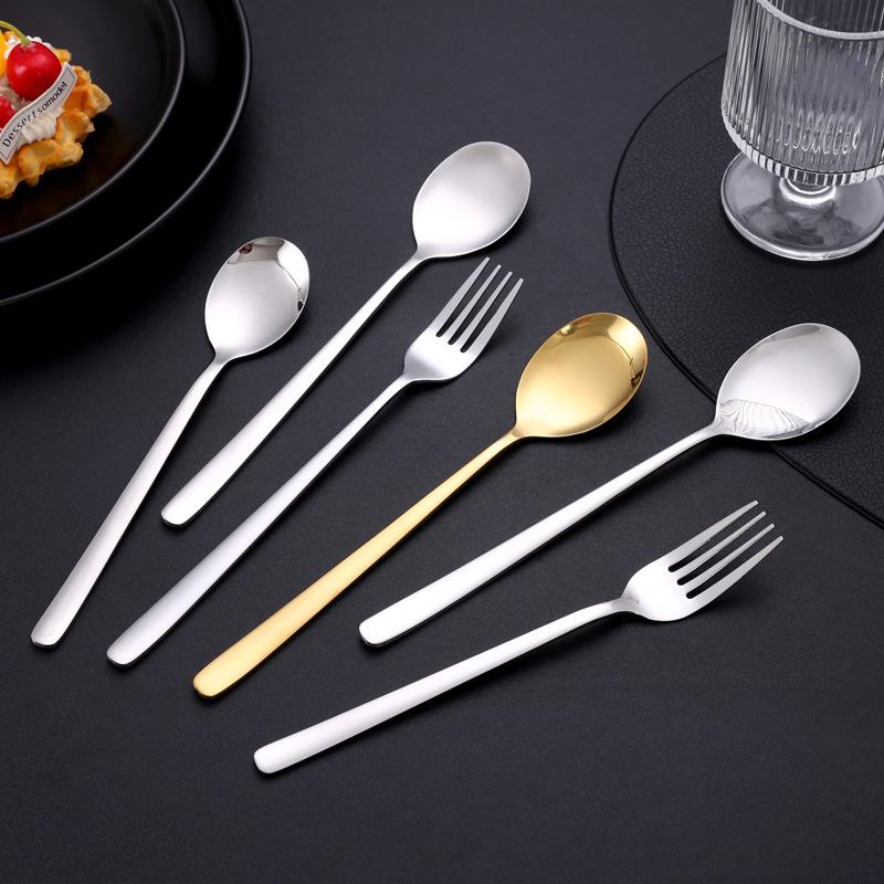 2Pcs Stainless Steel Golden Silver Fork Spoon Fork Spoon Heat-Insulated Long Handle Stirring Dessert Spoons Kitchen Gadgets