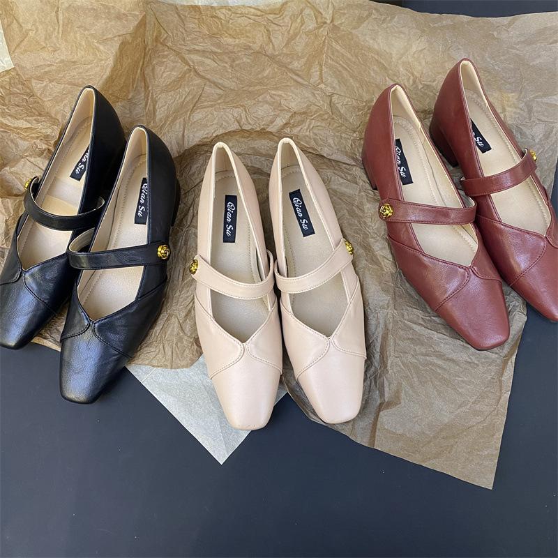 2025 spring new French niche thick heel high heels women's head temperament one-word buckle belt Mary Jane shoes women