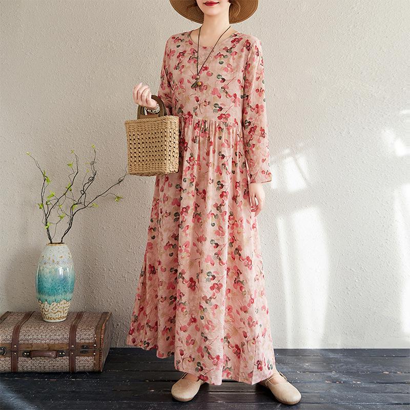 Early Spring Floral Vacation Style Travel Round Neck Retro Long Dress for Women Long Sleeved Vintage Dresses