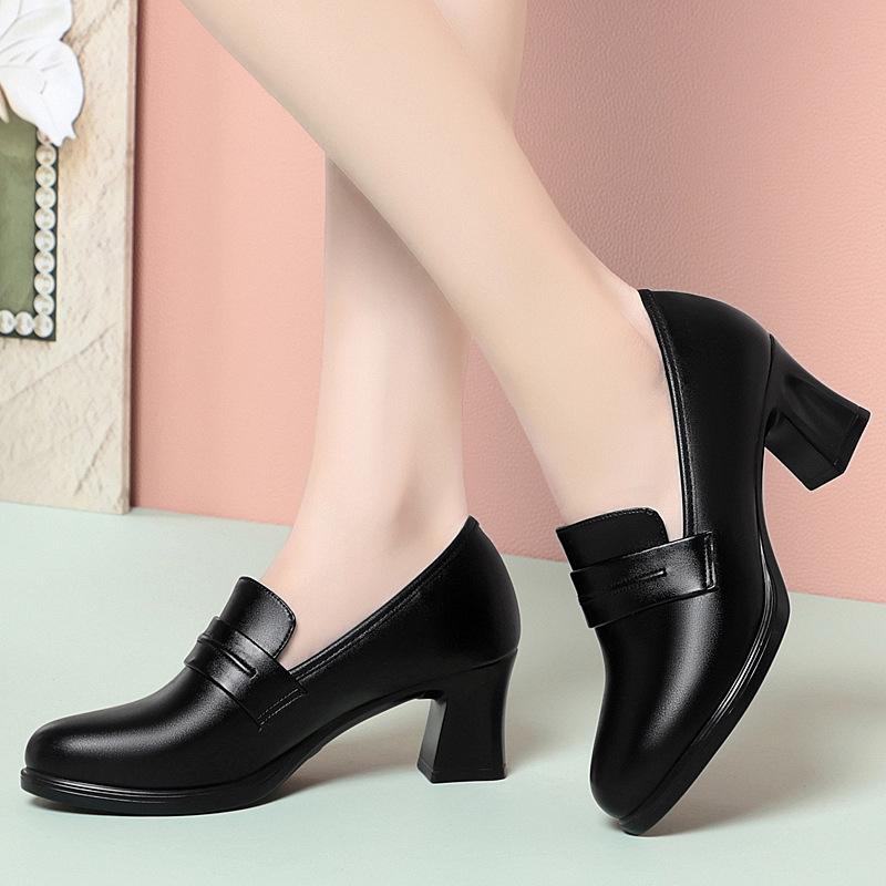 High heels women's spring and autumn new single shoes waterproof table women's leather shoes work shoes black loafers