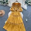 High-End Heavywork Lacing Paillette-Panel Waist-Banding Lantern Sleeve Maxi Dress for Women Autumn Charming Long Women Dress