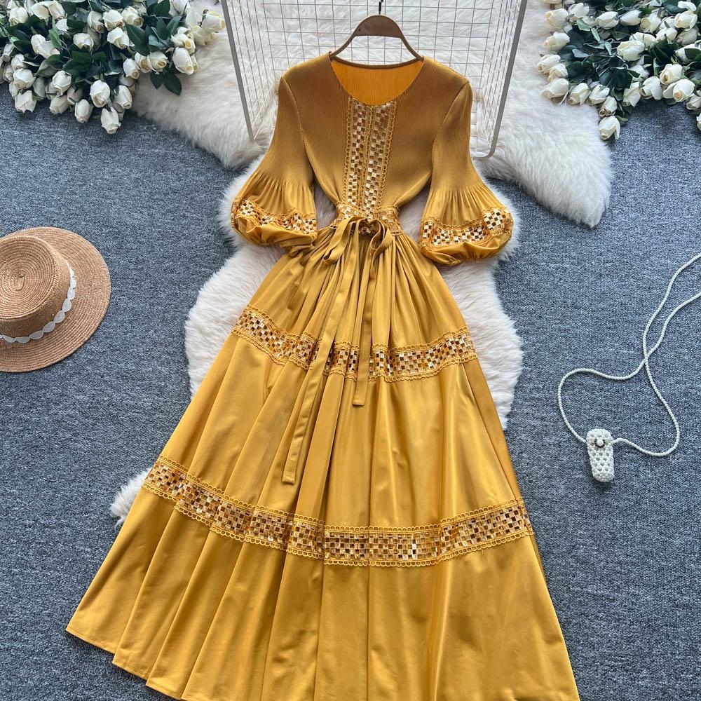 High-End Heavywork Lacing Paillette-Panel Waist-Banding Lantern Sleeve Maxi Dress for Women Autumn Charming Long Women Dress