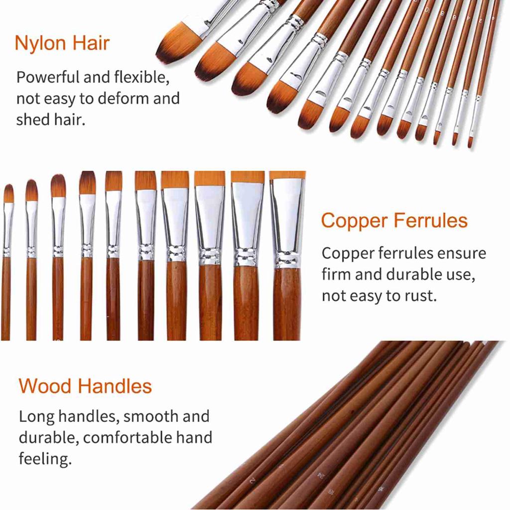 13pcs Professional Art Paint Brushes Set Long Wooden Handle Nylon Hair Paintbrush for Acrylic Oil Watercolor Gouache