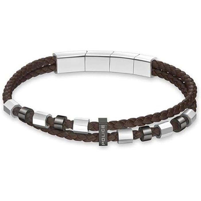 Bracelet - POLICE - Freeway - Acier inoxydable - Cuir marron - Largeur large