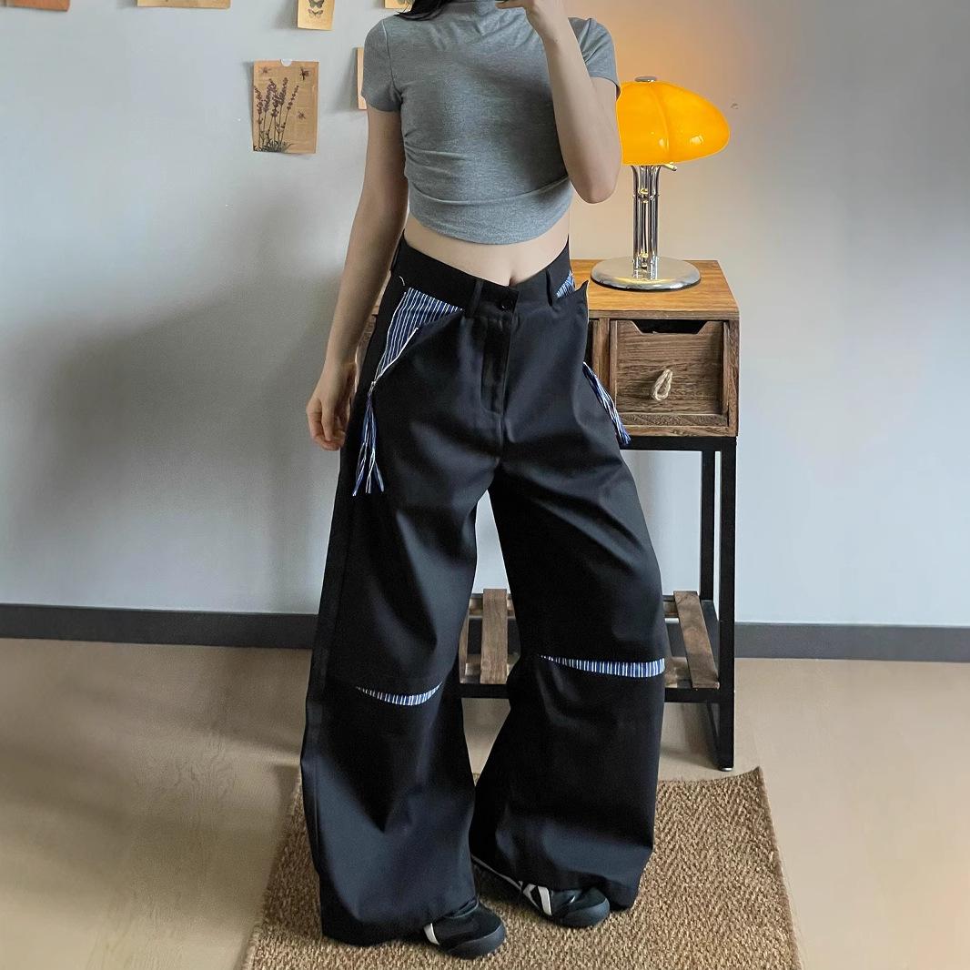 

Женские черные лоскутные полосатые брюки с завязками и широкими штанинами - Ретро, Высокий класс, Весенняя повседневная одежда L Premium чёрный