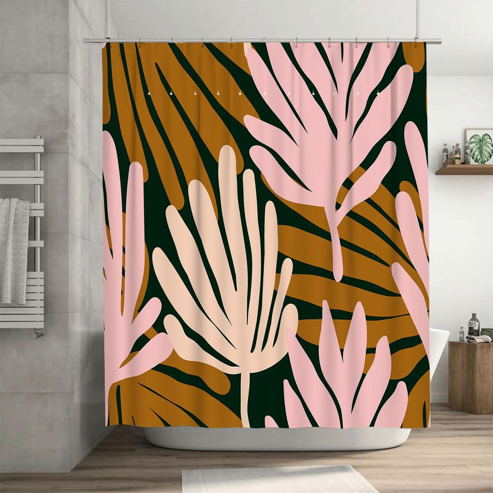 Pink Palm Leaves Shower Curtain Green Gold Colorful Bathtub Liner For Home Bathroom Decor Size 69X70 In