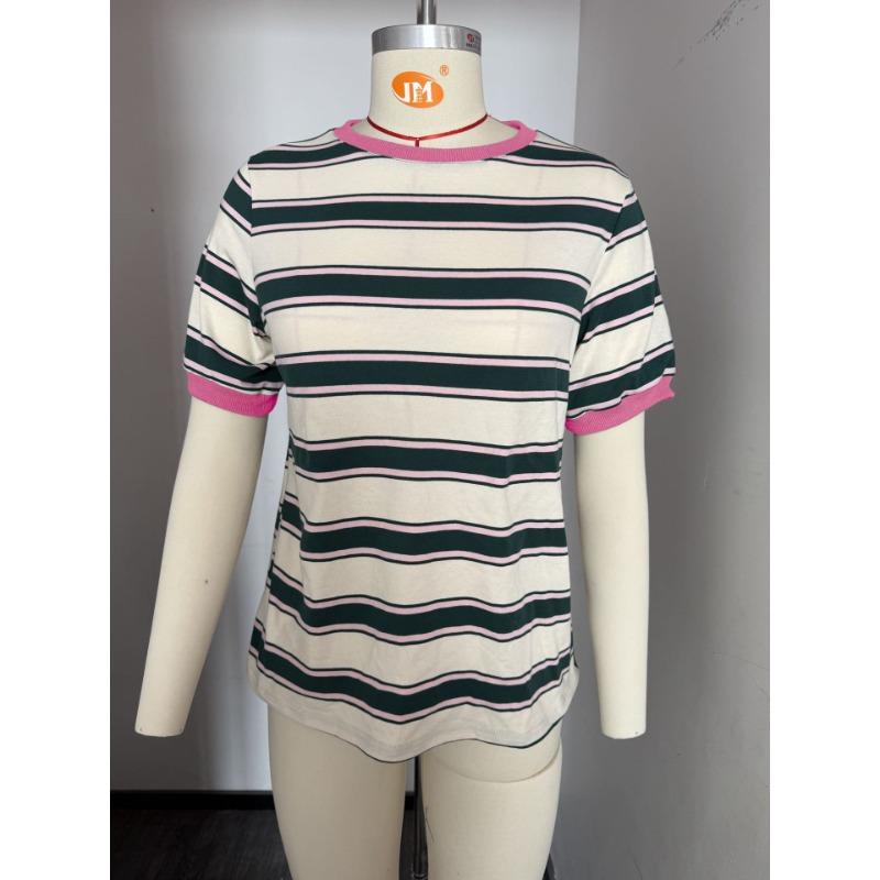 Luźna koszulka damska z okrągłym dekoltem, w paski, kontrastowa, z krótkim rękawem