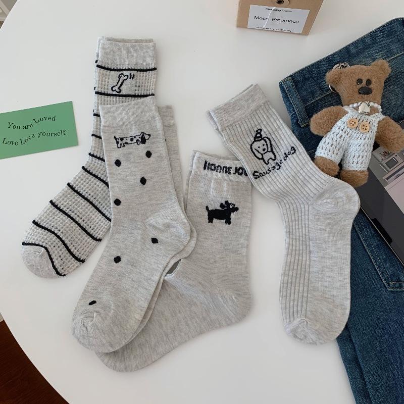 Puppy Socks Season Versatile Mid-Leg Socks Breathable Mesh Gray Cartoon Dog Girl Pile Socks
