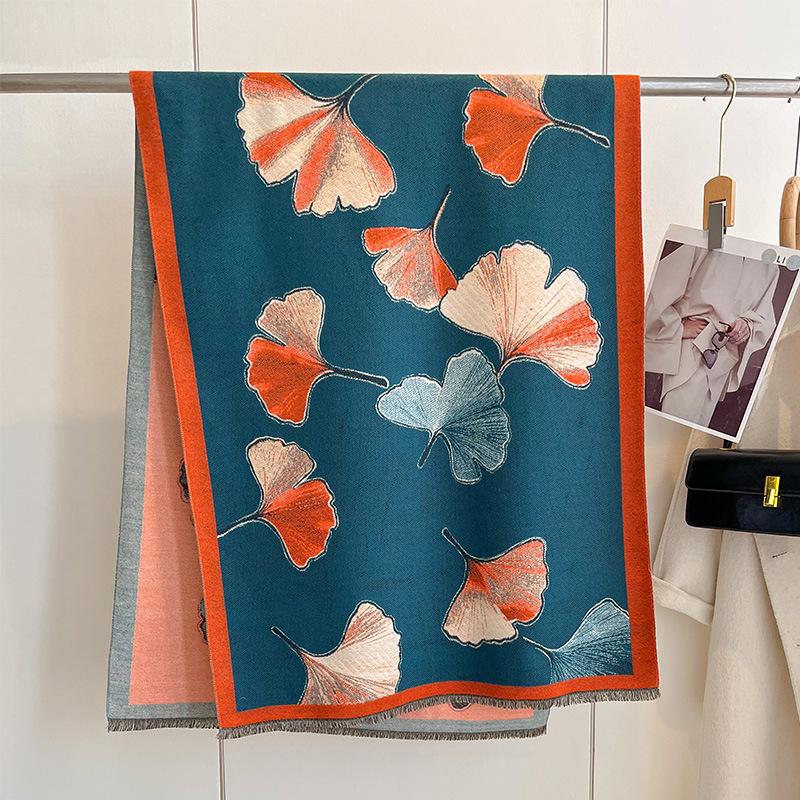 Autumn And Winter National Style Plants And Flowers Landscape Painting Elegant Women Warm Scarf Fashion Retro Shawl