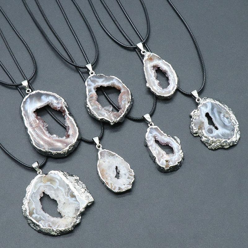 Natural Agate Geode Crystal Pendant Necklace for Women Irregular Raw Mineral Silice Agat Quartz Pendulum Jewelry Healing Crystal