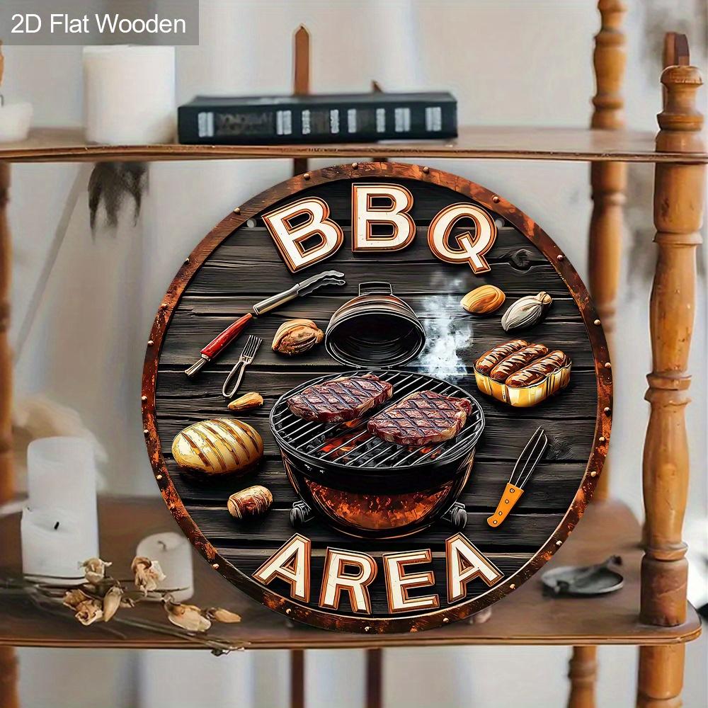 Vintage-Inspired BBQ Area Wooden Sign - Grill-Themed Outdoor Decor with Steak & Tools Imagery - Retro BBQ Decorative Plaque