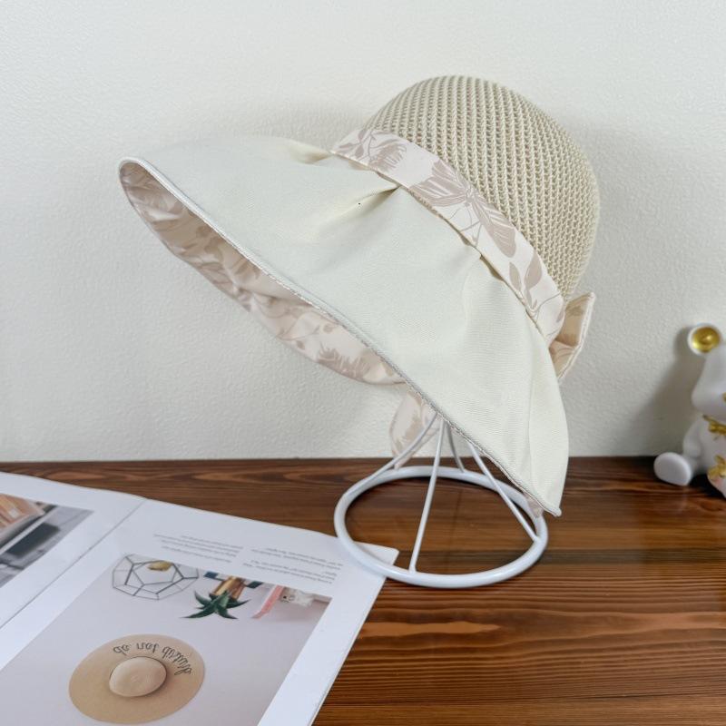 Women's Printed Bow Fisherman Hat with Large Brim Summer UV Resistant Folding Sun Hat