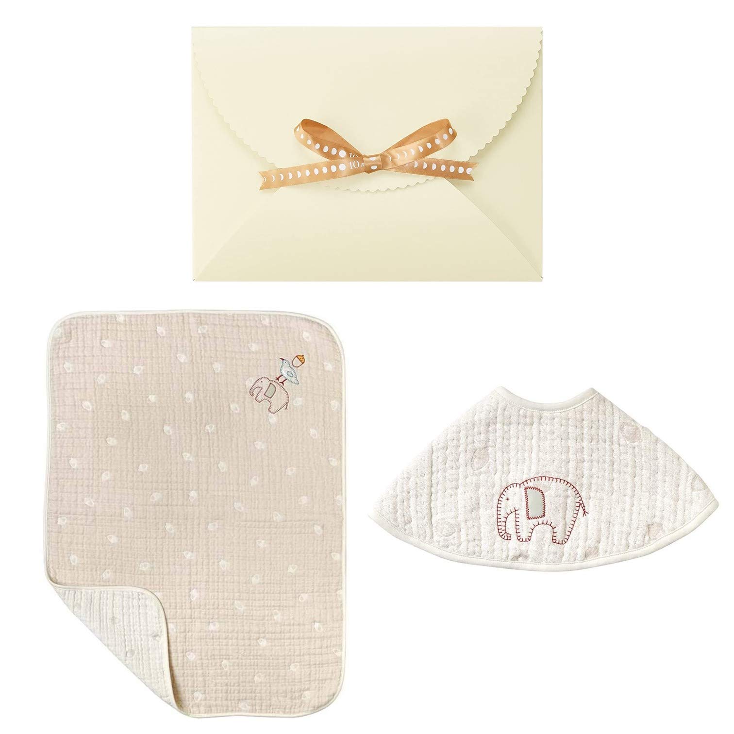 

10mois Hoppetta Baby Gift Guri Fluffy Gauze Mini with Bib Baton - Set (6-Layer Gauze) Quilt, 100% Cotton, Small, 90x70cm, (Off-White) (Product