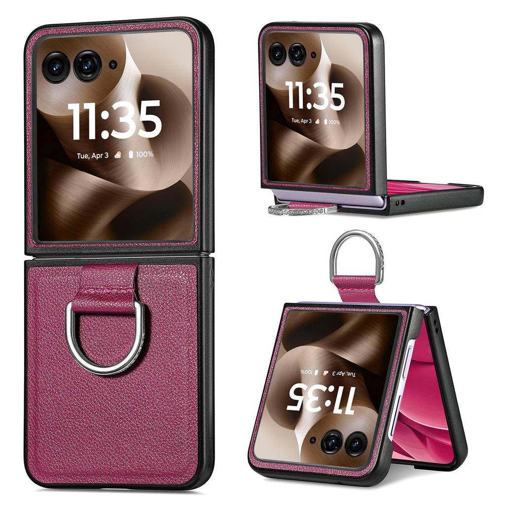Für Motorola Razr 60 Ultra 5G Hülle Litschi-Textur Leder + PC Handyhülle mit Ringhalter
