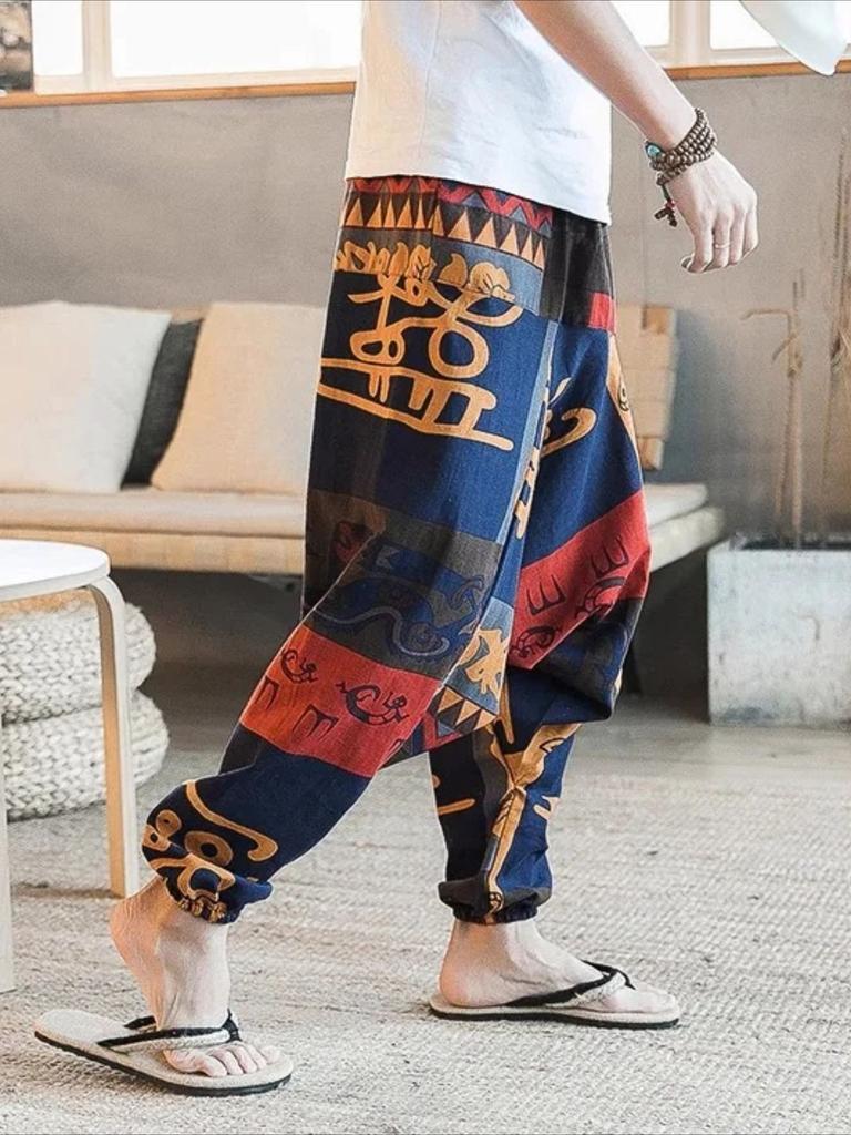 Ethnic Style Men's Polyester Casual Pants with Vintage Patterns Relaxed Fit Elastic Waistband Ankle-Cuff Design Comfortable Pants for All Seasons