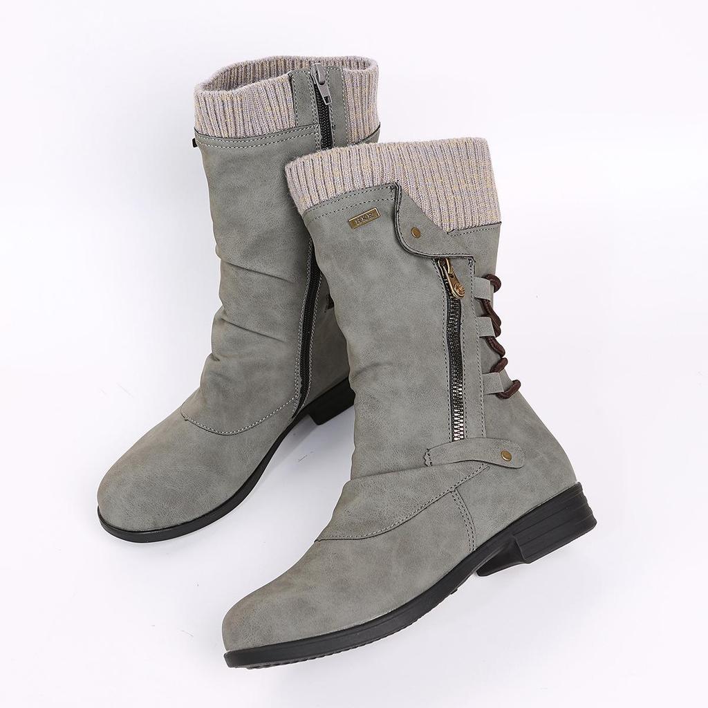 2021 Autumn/Winter Women's Plus Size Leather Boots, Round Toe with Wool Trim and Side Zip