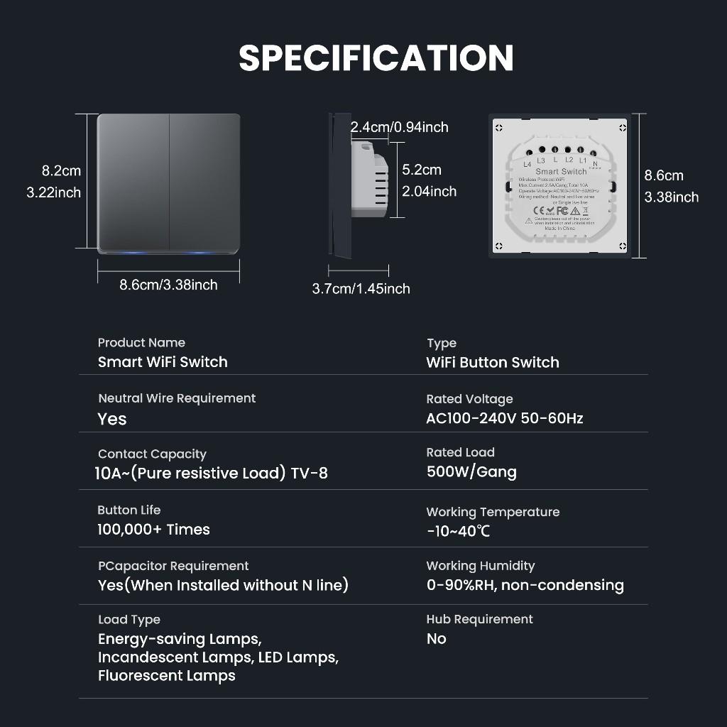 Smart Light Switch Neutral Wire Required WiFi Push Button Wall Switch No Hub Required Smart Button Switch