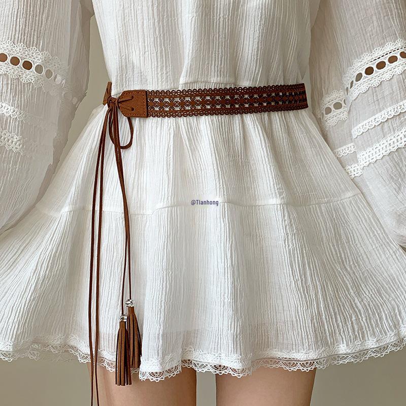 Ethnic Style Brown Leather Waist Belt for Women's Dress Decoration - Ideal for Desert Tourism & Northwest Travel Outfits