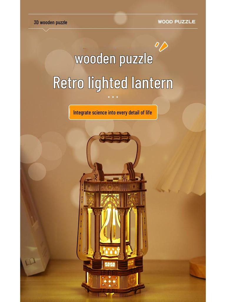 3D Retro Lantern Puzzle: Wooden DIY Educational Toy