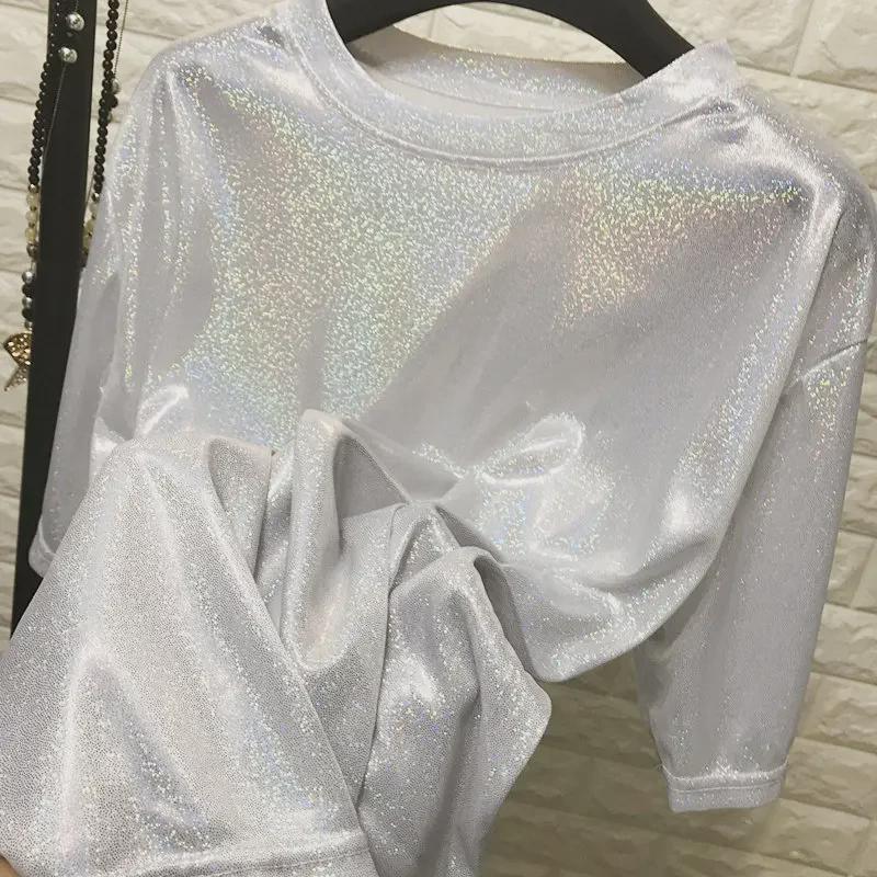 2020 Summer Shiny Silk Short-Sleeve BF T-Shirt Dress with Glitter
