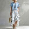Women Casual Two Piece Set Round Neck Short Sleeve Top Layered Ruffle Hem Striped Skirt Summer Outfit