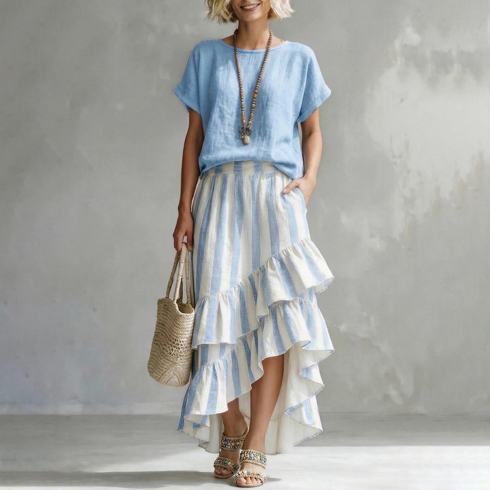 Ladies  Casual And Fashionable Round Neck Top Striped  Skirt Set XL