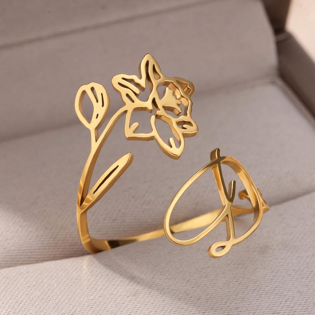 12 Birth Months Flower Stainless Steel Rings for Women Vintage Gold Plated Adjustable Finger Ring Wedding Jewelry Birthday Gift
