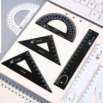 Multifunctional Ruler Set for Students: Includes Scale Ruler, Triangle Ruler, Protractor, and Black/White Iron Ruler.