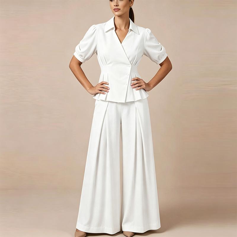 ZANZEA Blusa a Maniche Corte da Donna e Pantaloni a Gamba Larga Set Casual Due Pezzi