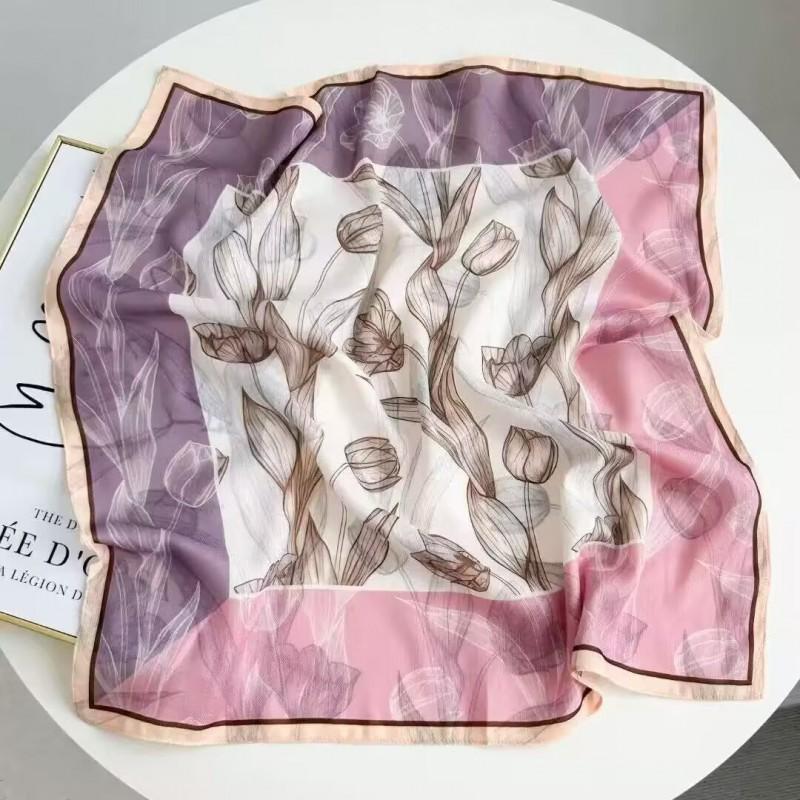 70x70cm Lightweight Cotton Silk Square Scarf With Boho Floral Print Breathable Neck Wrap Women