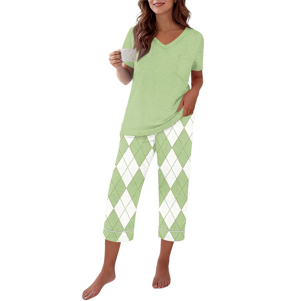 Women's Casual Loungewear Set with Printed Short Sleeve Round Neck T-Shirt and Loose Fit Pants