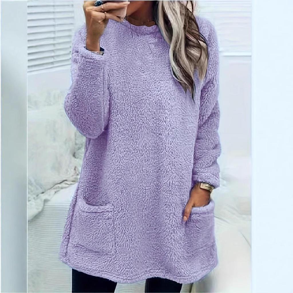 Women's Casual Long-Sleeve Plush Sweater with Pockets, Autumn/Winter Collection