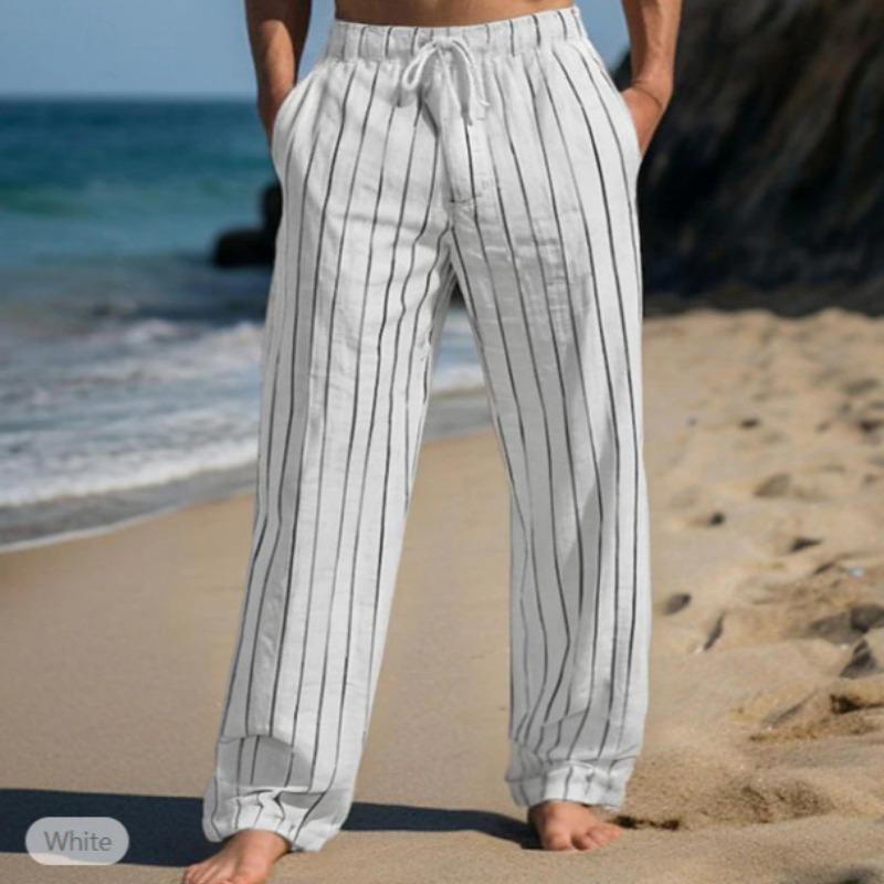 Autumn Men's Linen Trousers Summer Trousers Drawstring Elastic Waist Straight Stripes Comfortable Breathable Outdoor Daily