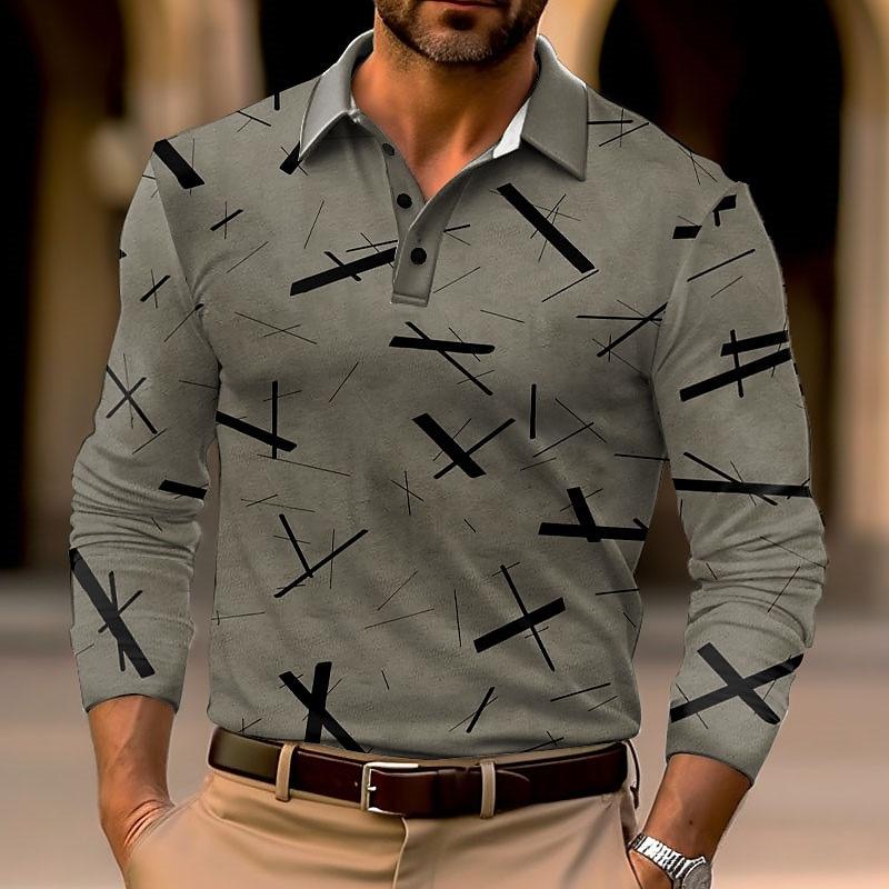 Men's Geometric Print Golf Shirt Long Sleeve Polo Shirt Lapel Business Casual Formal Button 3D Printing Autumn and Winter