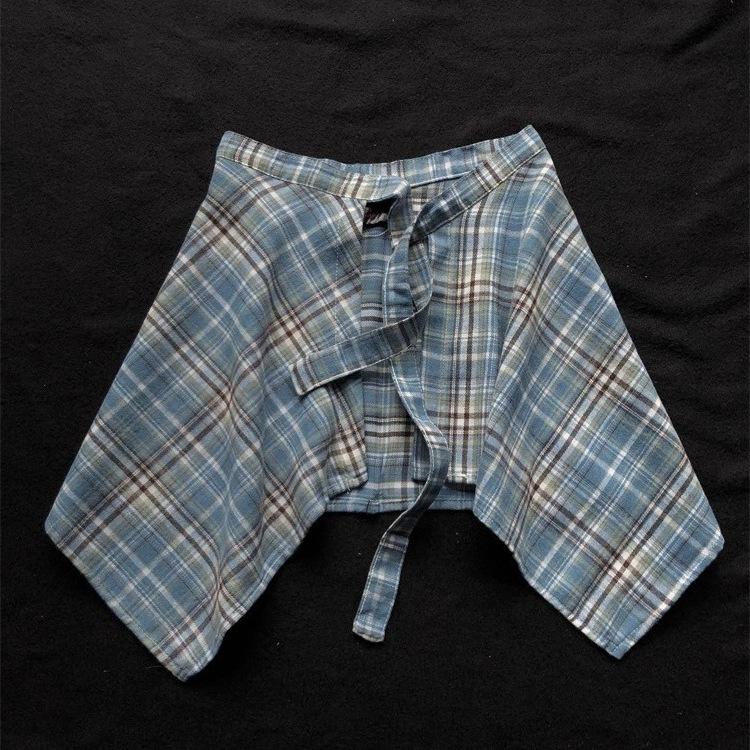 Unisex American Retro Plaid Layered Shirt with Irregular Hem and Tie Waist Design