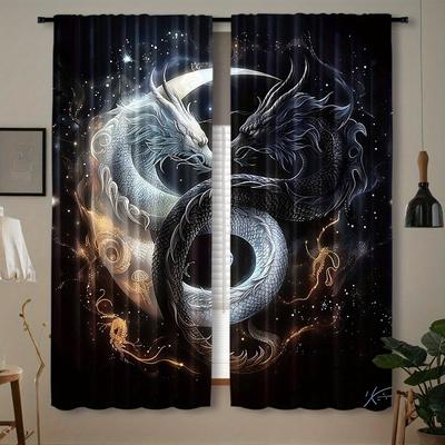 Set Of 2 Yin Yang Dragon Tai Chi Design Curtains Celestial Motifs Semi Transparent Polyester Ideal Living Room Curtain For Great Made With Rod Pocket