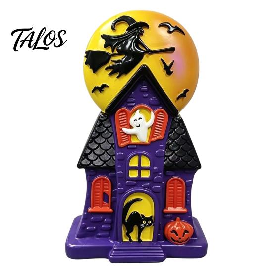 Retro Halloween Ghost Ornaments Haunted House Blow Mold Light, Vintage Pre-Lit Mansion Decor with Glowing Witch Tabletop Centerpieces Moon Black Cat,