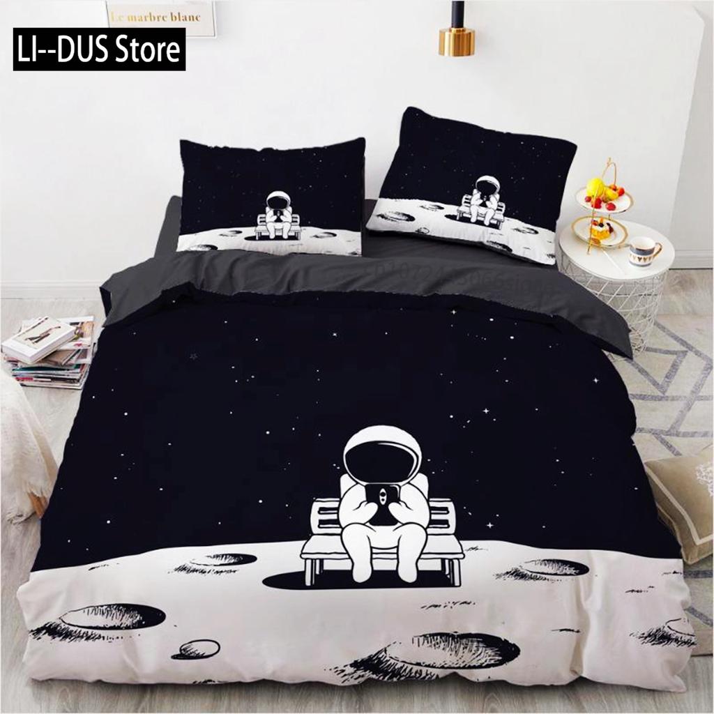 Space Duvet Cover Set Microfiber Outer Space Astronaut American Flag Pattern Bedding Set For Boys Girls Queen King Quilt Cover