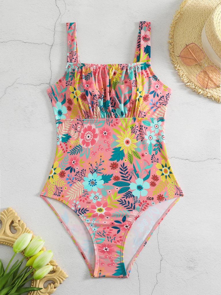 Floral Ruched One-Piece Swimsuit for Women - European and American Fashion Beachwear
