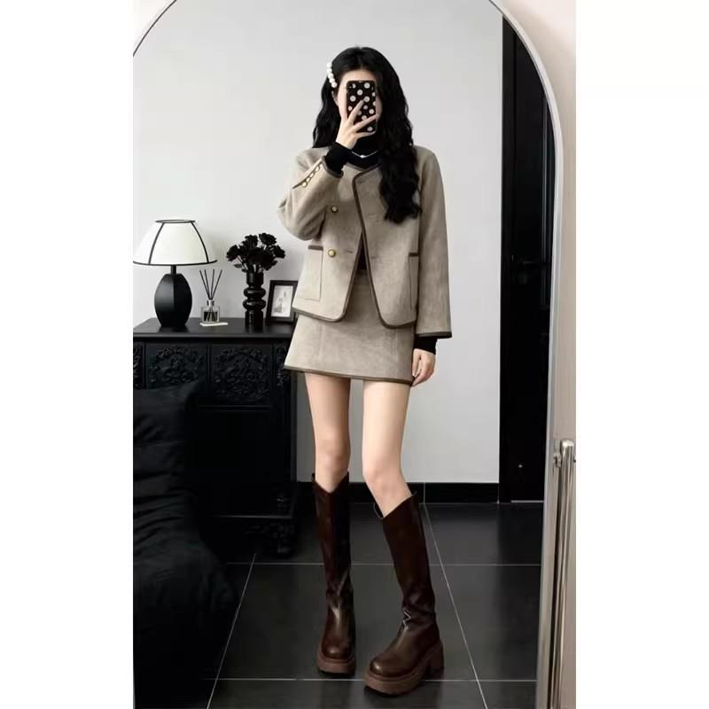 French Chic Autumn/Winter Wool Coat & Skirt Set - Elegant Trendy Attire
