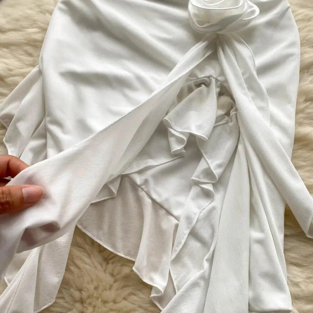 Elegante Sexy Backless Hohe Taille Rüschen Liebsten Split Kleid Fee Sommer Strand Urlaub Vestidos Schlanke Frauen Party Mini Kleid