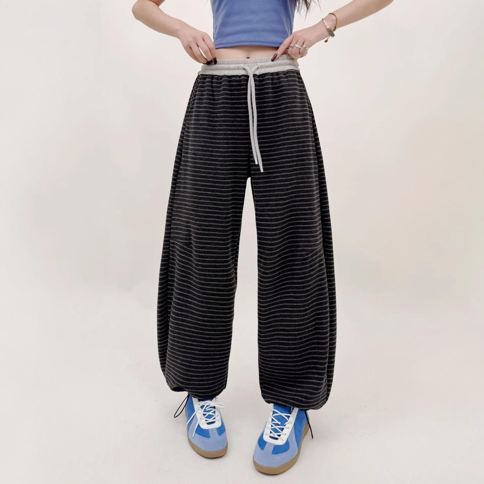 

Women s Korean Style Retro Striped Wide-Leg Drawstring Pants – Slimming Banana Pants, Spring 2026 New Arrival M Length 103cm, Hip 102cm